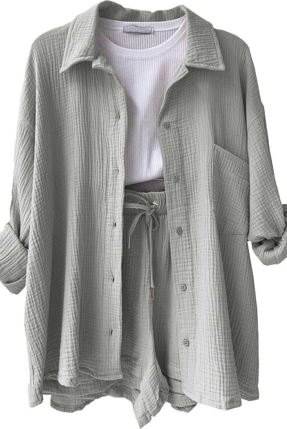 Kinsley Texture Button-Up Shirt and Drawstring Shorts Set-Krush Kandy, Women's Online Fashion Boutique Located in Phoenix, Arizona (Scottsdale Area)