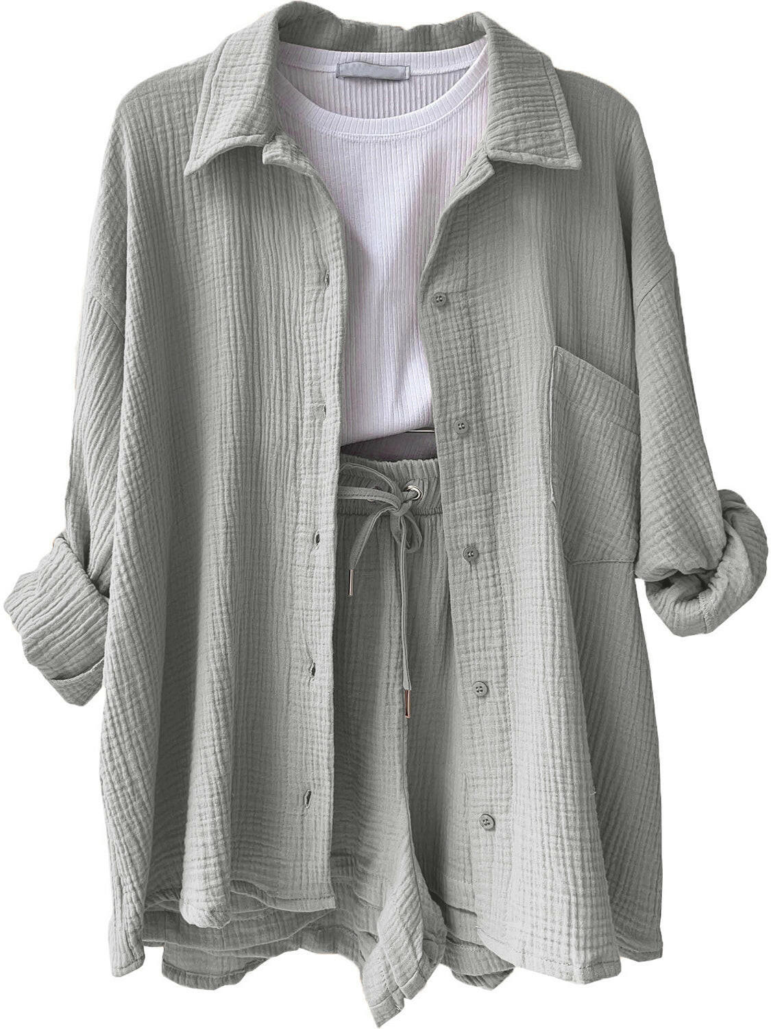 Kinsley Texture Button-Up Shirt and Drawstring Shorts Set-Krush Kandy, Women's Online Fashion Boutique Located in Phoenix, Arizona (Scottsdale Area)