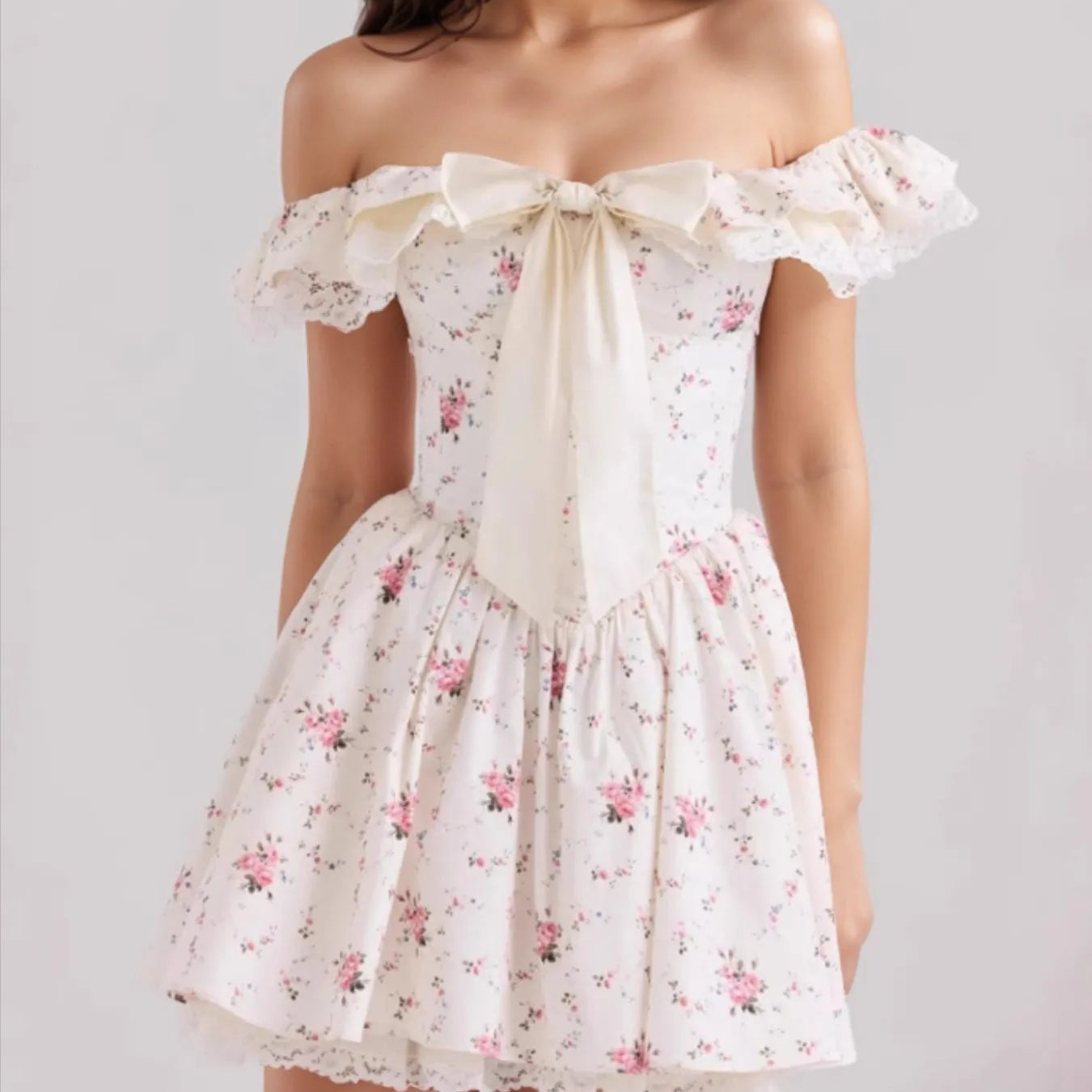 Off-Shoulder Floral Lace Trim Mini Dress-Dresses-Krush Kandy, Women's Online Fashion Boutique Located in Phoenix, Arizona (Scottsdale Area)