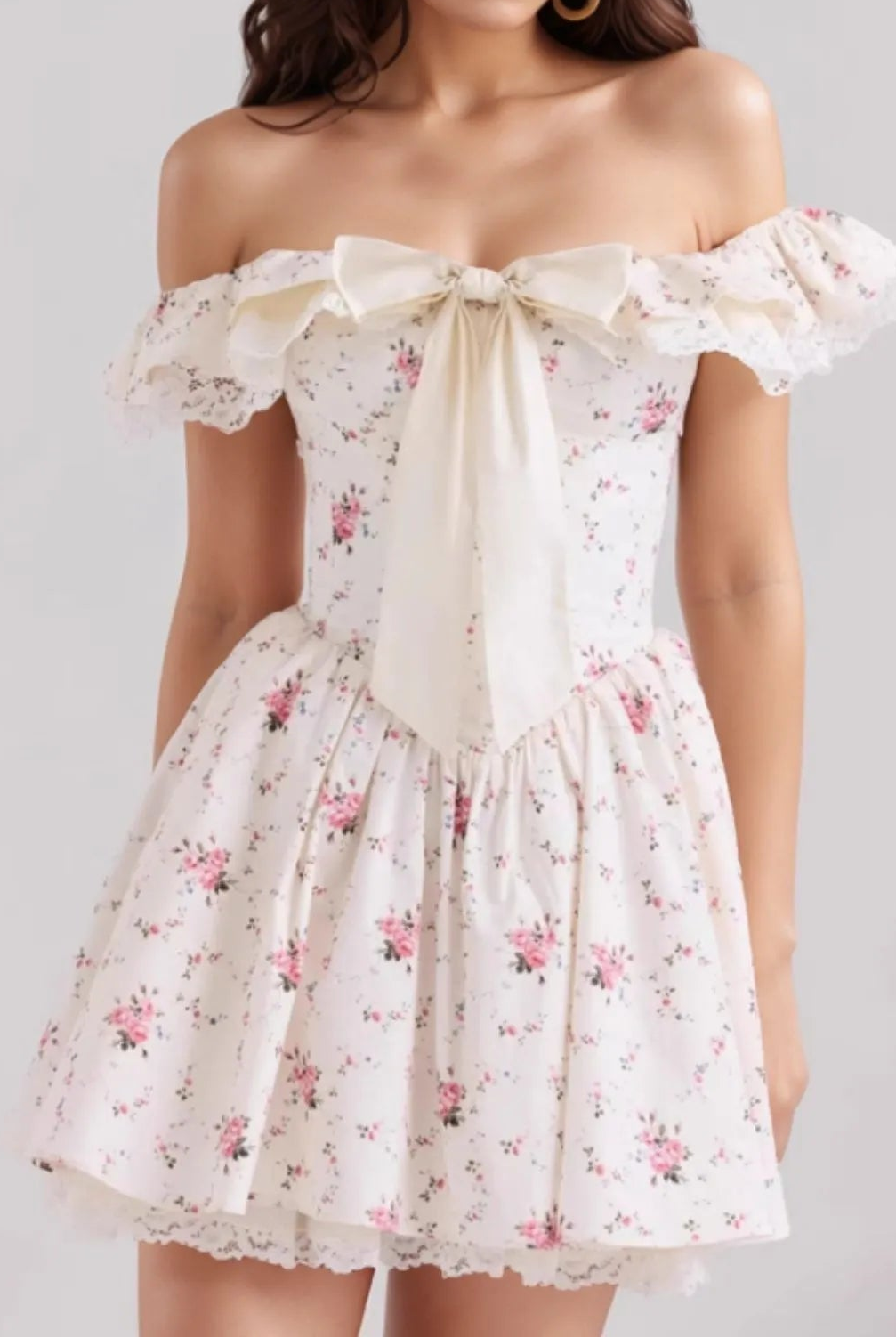 Off-Shoulder Floral Lace Trim Mini Dress-Dresses-Krush Kandy, Women's Online Fashion Boutique Located in Phoenix, Arizona (Scottsdale Area)