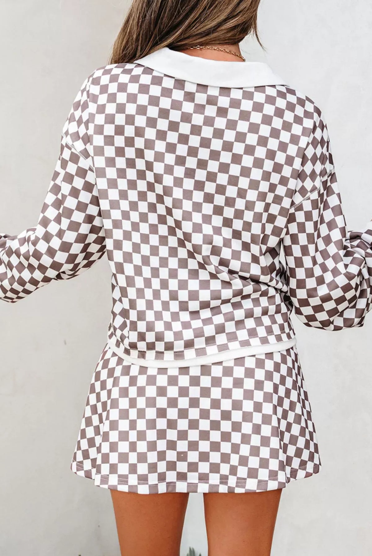 Checkered Print Polo Collar Cropped Long Sleeve Top and Drawstring Mini Skirt Set-2 Piece Outfit Sets-Krush Kandy, Women's Online Fashion Boutique Located in Phoenix, Arizona (Scottsdale Area)