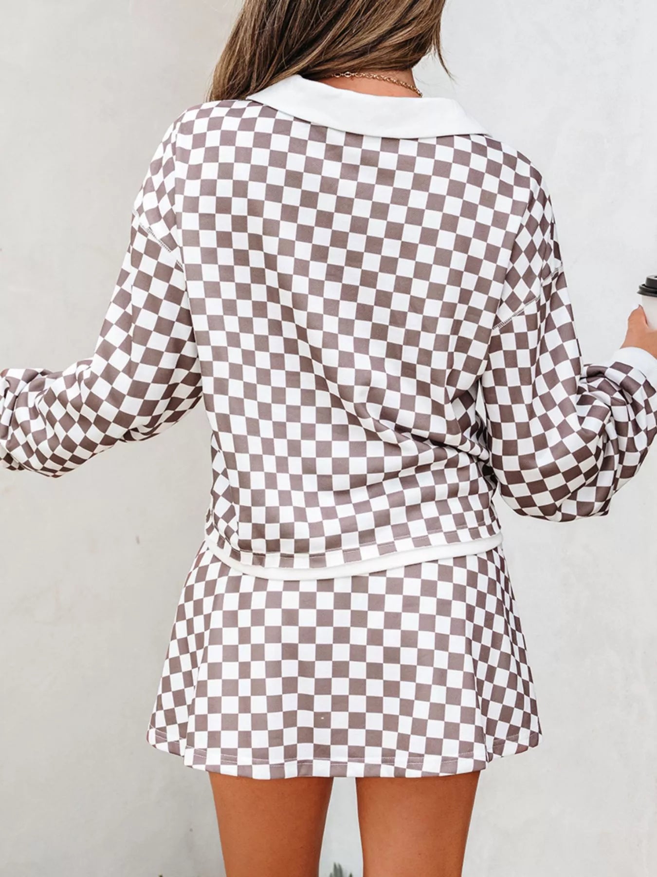 Checkered Print Polo Collar Cropped Long Sleeve Top and Drawstring Mini Skirt Set-2 Piece Outfit Sets-Krush Kandy, Women's Online Fashion Boutique Located in Phoenix, Arizona (Scottsdale Area)
