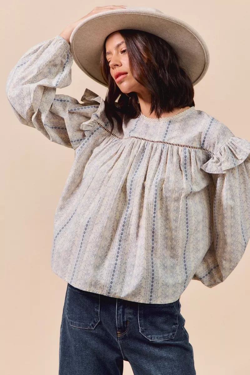 SO ME Floral Cotton Print Ruffled Long Sleeve Blouse-Tops-Krush Kandy, Women's Online Fashion Boutique Located in Phoenix, Arizona (Scottsdale Area)