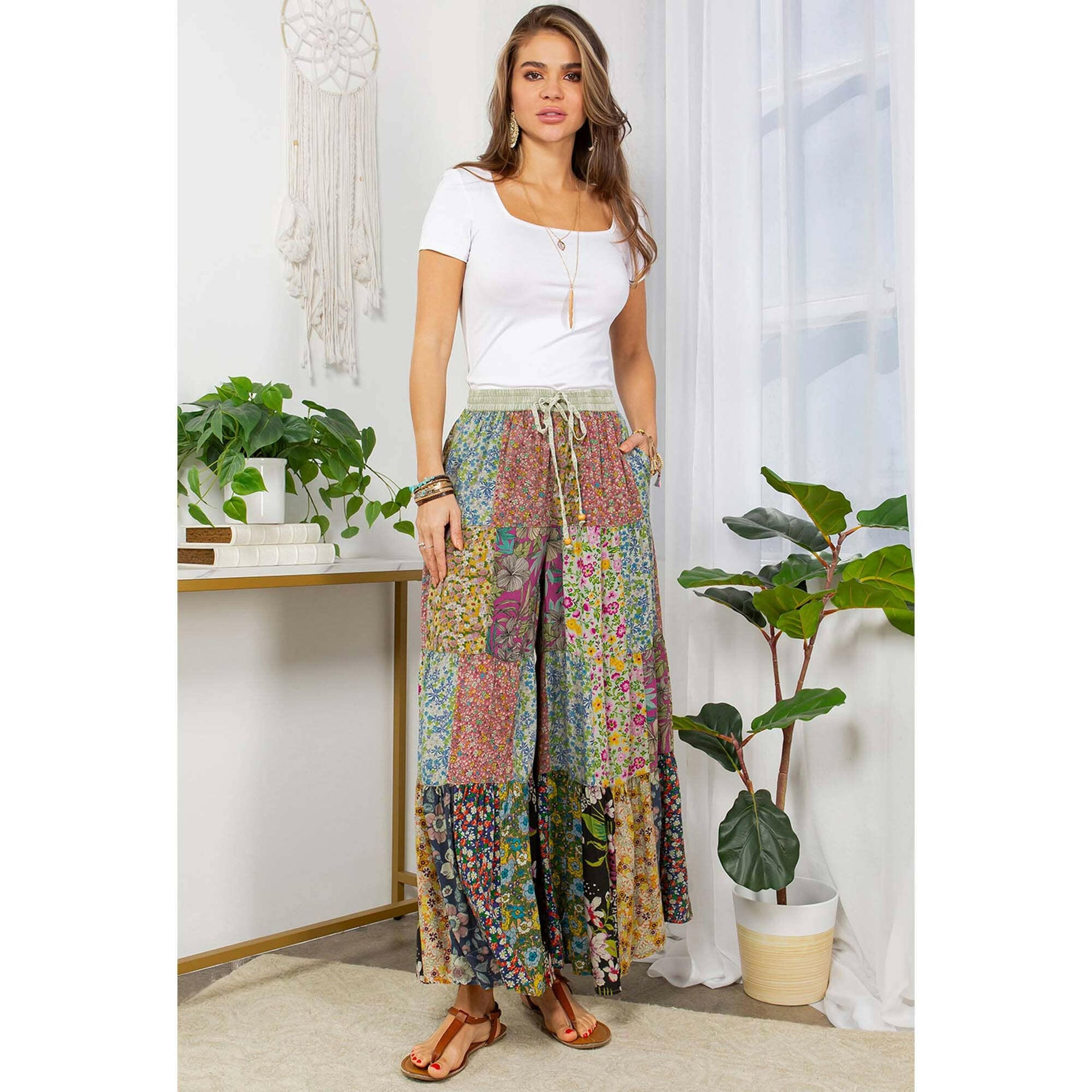Boho Patchwork Wide Leg Pants-PANTS-Krush Kandy, Women's Online Fashion Boutique Located in Phoenix, Arizona (Scottsdale Area)