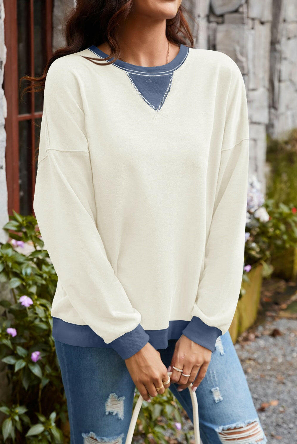 Lovelet Contrast Round Neck Long Sleeve Sweatshirt-Krush Kandy, Women's Online Fashion Boutique Located in Phoenix, Arizona (Scottsdale Area)
