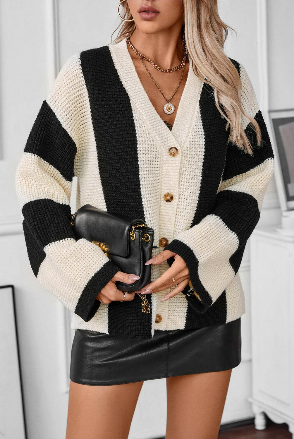 Waffle-Knit V-Neck Striped Long Sleeve Cardigan-Krush Kandy, Women's Online Fashion Boutique Located in Phoenix, Arizona (Scottsdale Area)