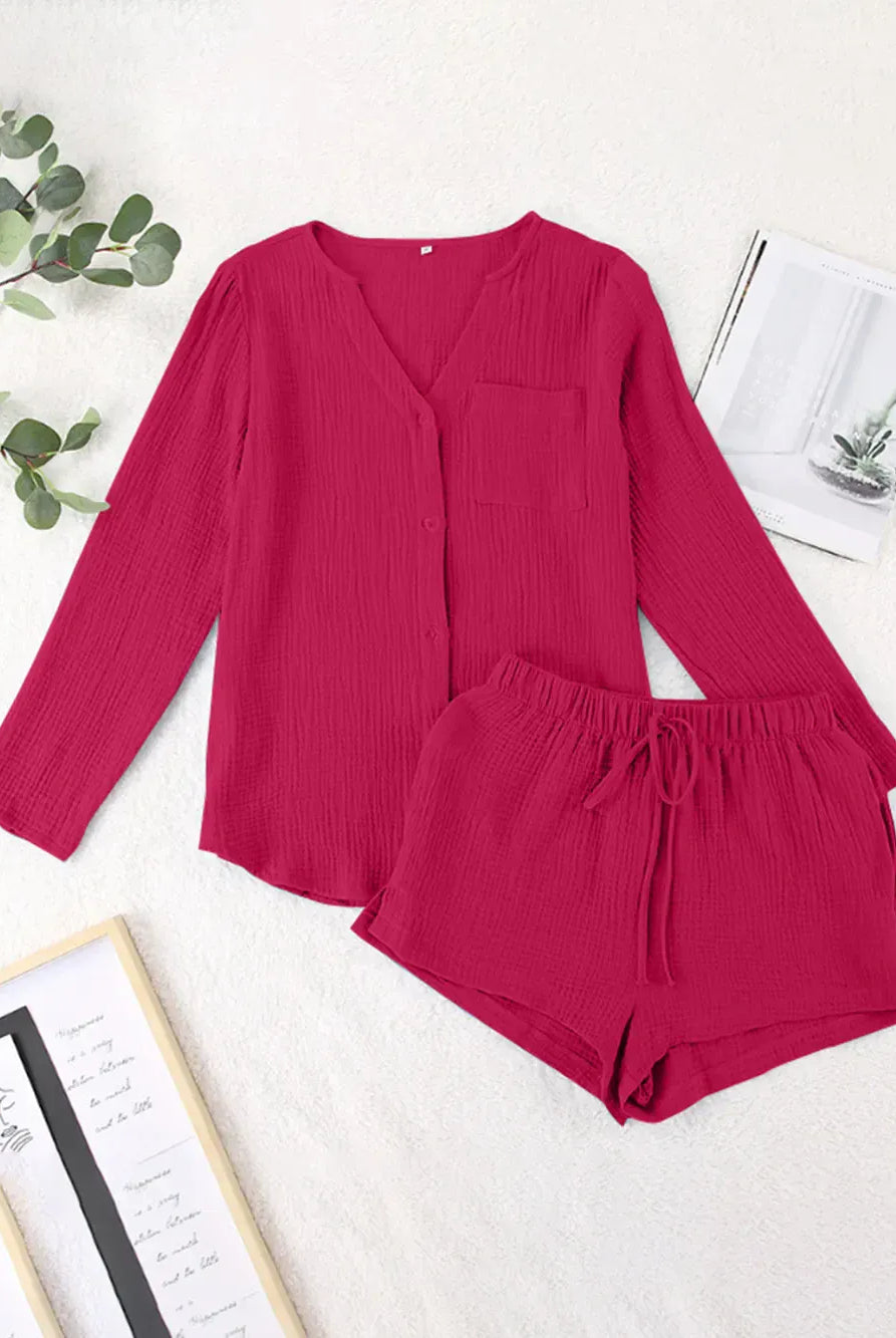 Notched Long Sleeve Top and Shorts Set-Krush Kandy, Women's Online Fashion Boutique Located in Phoenix, Arizona (Scottsdale Area)