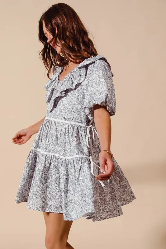 SO ME Cotton Printed Ruffle V Neckline Dress with Side Tie-Dresses-Krush Kandy, Women's Online Fashion Boutique Located in Phoenix, Arizona (Scottsdale Area)