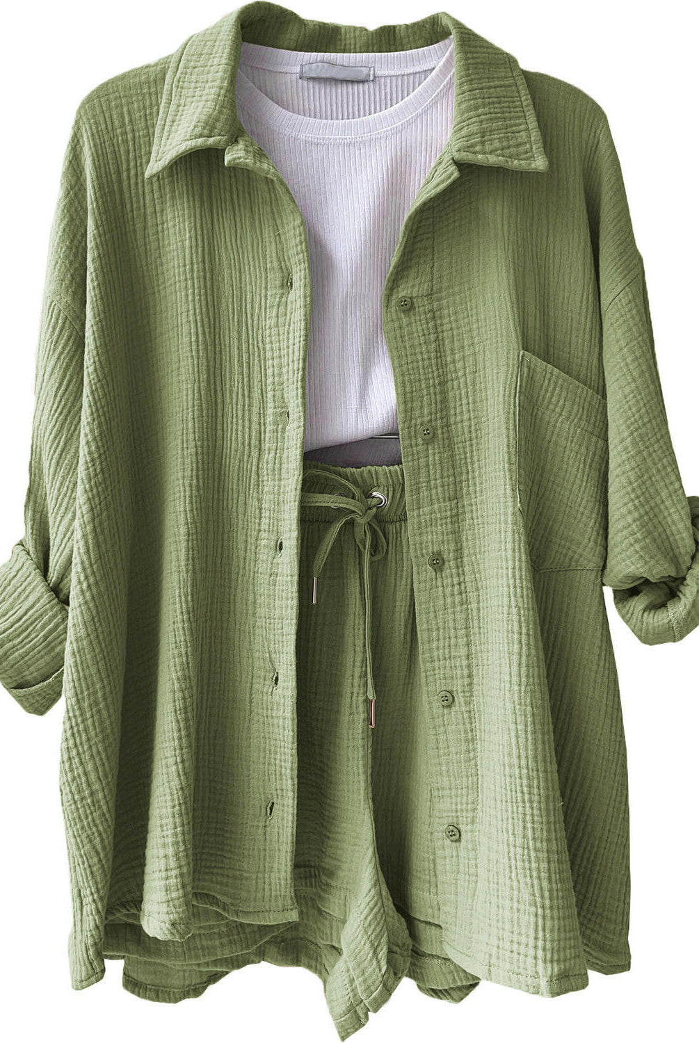 Kinsley Texture Button-Up Shirt and Drawstring Shorts Set-Krush Kandy, Women's Online Fashion Boutique Located in Phoenix, Arizona (Scottsdale Area)
