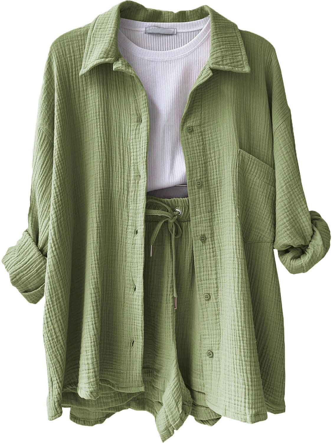Kinsley Texture Button-Up Shirt and Drawstring Shorts Set-Krush Kandy, Women's Online Fashion Boutique Located in Phoenix, Arizona (Scottsdale Area)
