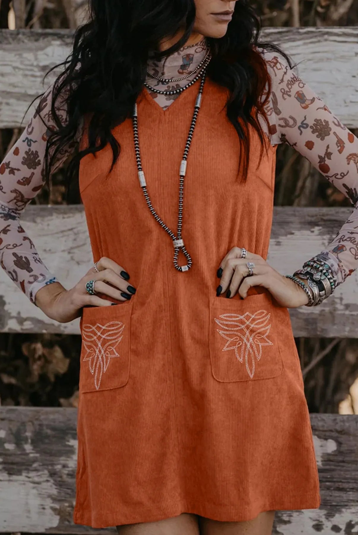 Corduroy Western Embroidered Patched Pocket Shift Sleeveless Mini Dress-dresses-Krush Kandy, Women's Online Fashion Boutique Located in Phoenix, Arizona (Scottsdale Area)