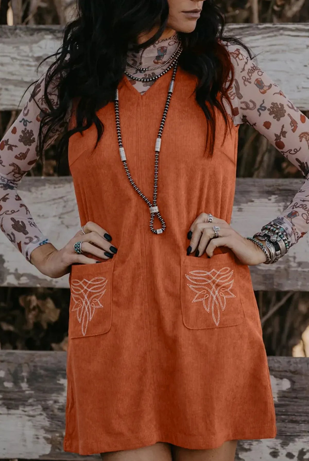 Corduroy Western Embroidered Patched Pocket Shift Sleeveless Mini Dress-dresses-Krush Kandy, Women's Online Fashion Boutique Located in Phoenix, Arizona (Scottsdale Area)