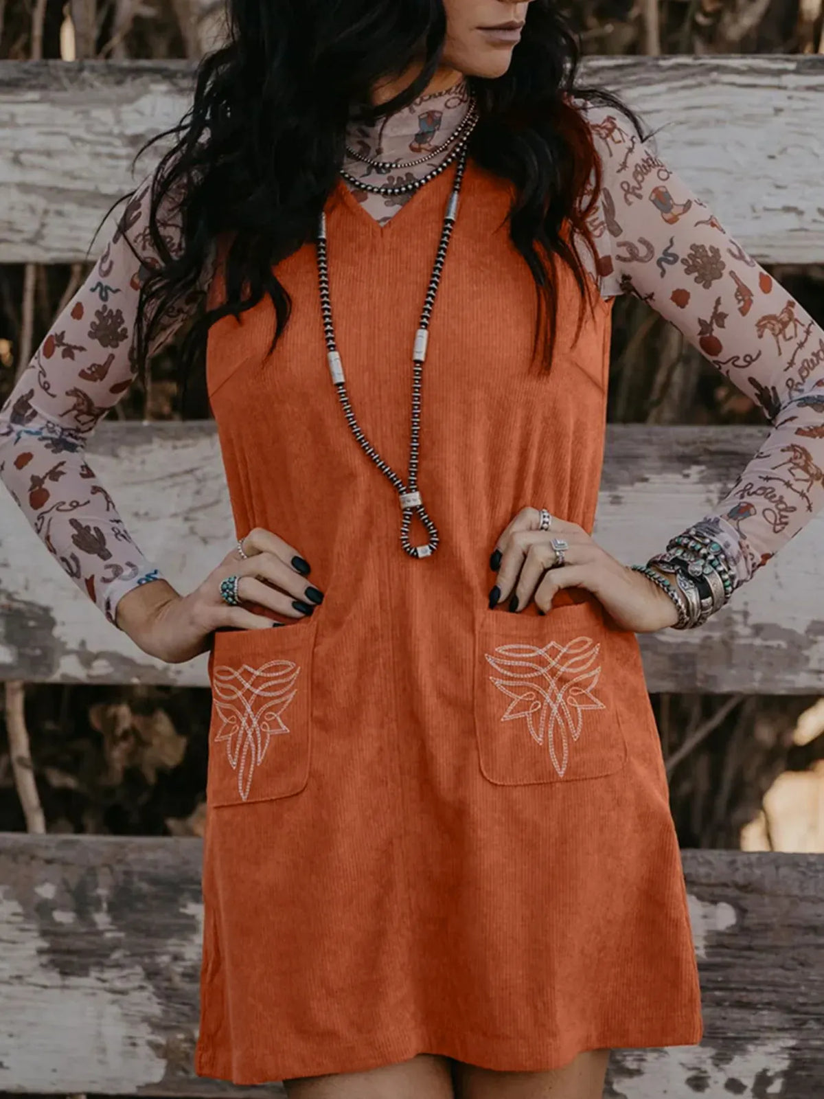 Corduroy Western Embroidered Patched Pocket Shift Sleeveless Mini Dress-dresses-Krush Kandy, Women's Online Fashion Boutique Located in Phoenix, Arizona (Scottsdale Area)