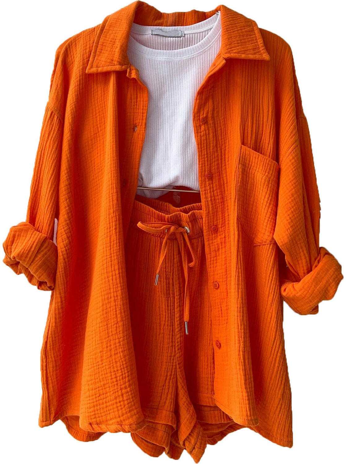 Kinsley Texture Button-Up Shirt and Drawstring Shorts Set-Krush Kandy, Women's Online Fashion Boutique Located in Phoenix, Arizona (Scottsdale Area)