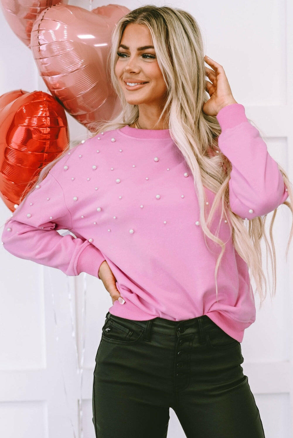 Pearl Round Neck Dropped Shoulder Sweatshirt-Sweaters-Krush Kandy, Women's Online Fashion Boutique Located in Phoenix, Arizona (Scottsdale Area)