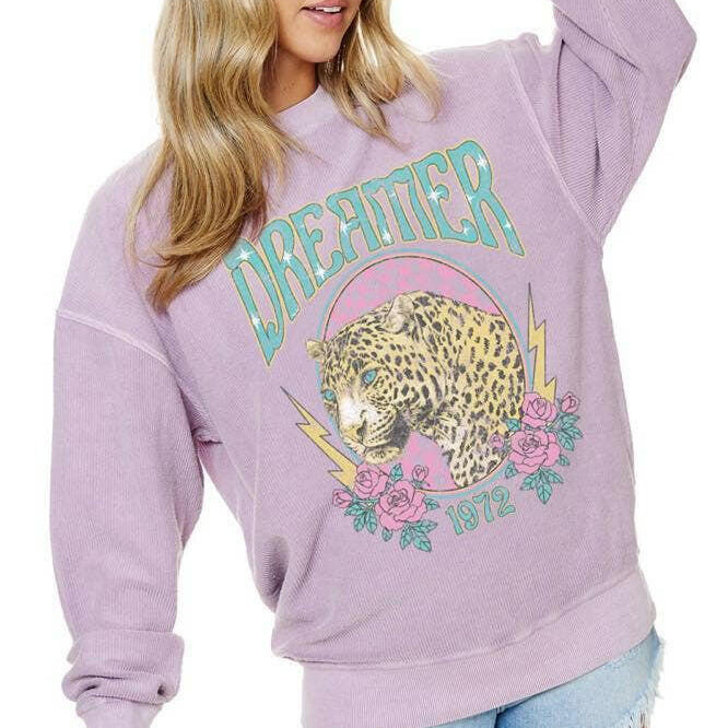 Dreamer Leopard 1972 Graphic Corduroy Sweatshirt-Krush Kandy, Women's Online Fashion Boutique Located in Phoenix, Arizona (Scottsdale Area)