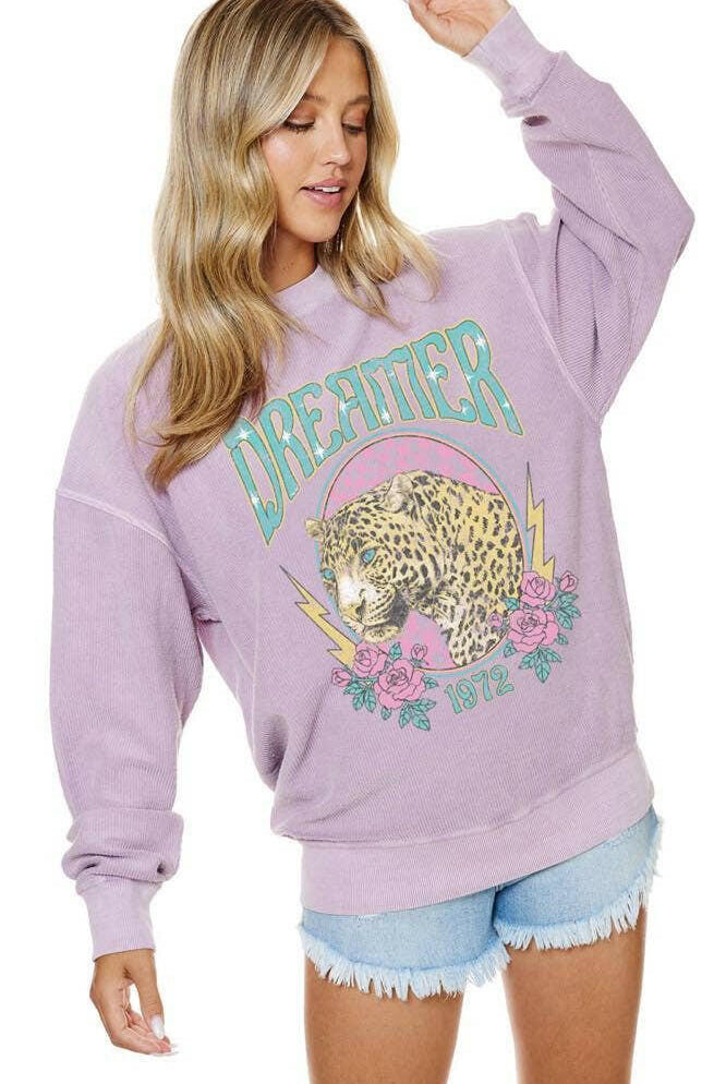 Dreamer Leopard 1972 Graphic Corduroy Sweatshirt-Krush Kandy, Women's Online Fashion Boutique Located in Phoenix, Arizona (Scottsdale Area)