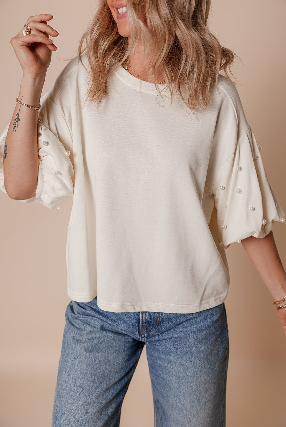 Pearl-Detail Puff Sleeve Top-Tops-Krush Kandy, Women's Online Fashion Boutique Located in Phoenix, Arizona (Scottsdale Area)