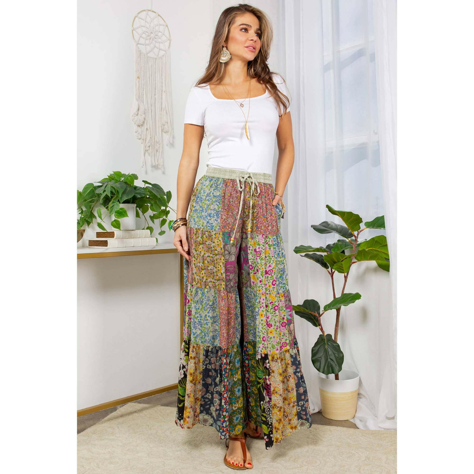 Boho Patchwork Wide Leg Pants-PANTS-Krush Kandy, Women's Online Fashion Boutique Located in Phoenix, Arizona (Scottsdale Area)