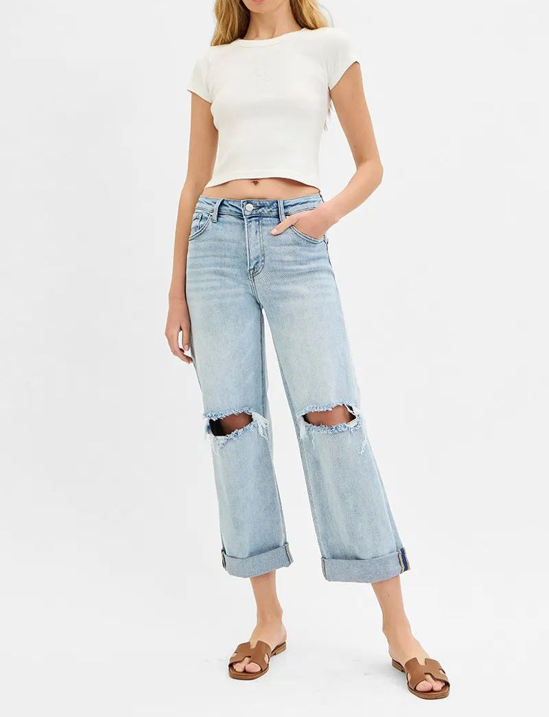 RISEN Full Size Mid Rise Fit Boyfriend Jeans with Cuff Plus Size-Denim-Krush Kandy, Women's Online Fashion Boutique Located in Phoenix, Arizona (Scottsdale Area)
