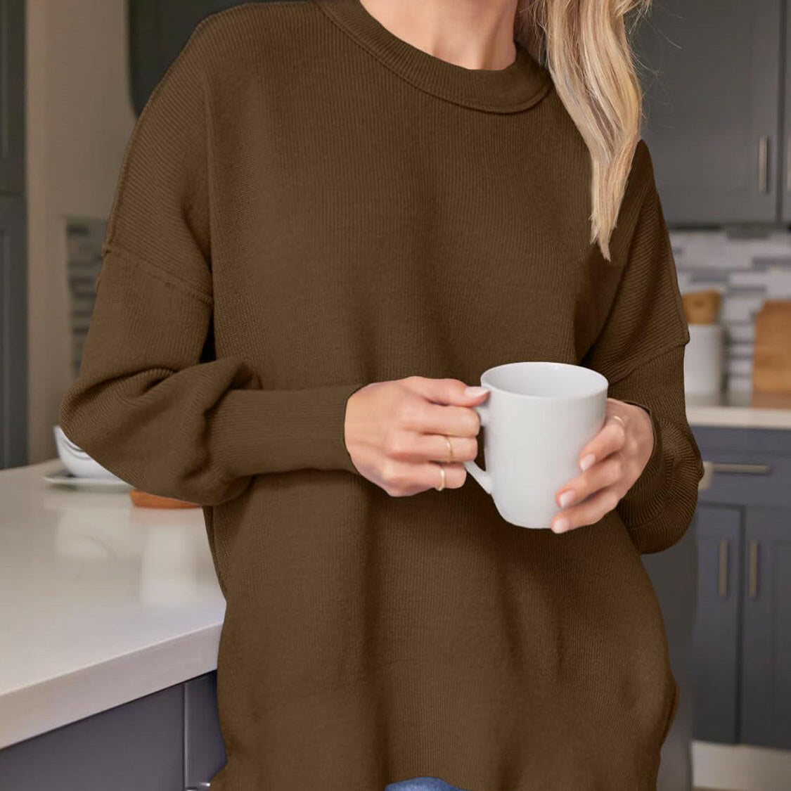 Slit Round Neck Dropped Shoulder Sweater-Krush Kandy, Women's Online Fashion Boutique Located in Phoenix, Arizona (Scottsdale Area)