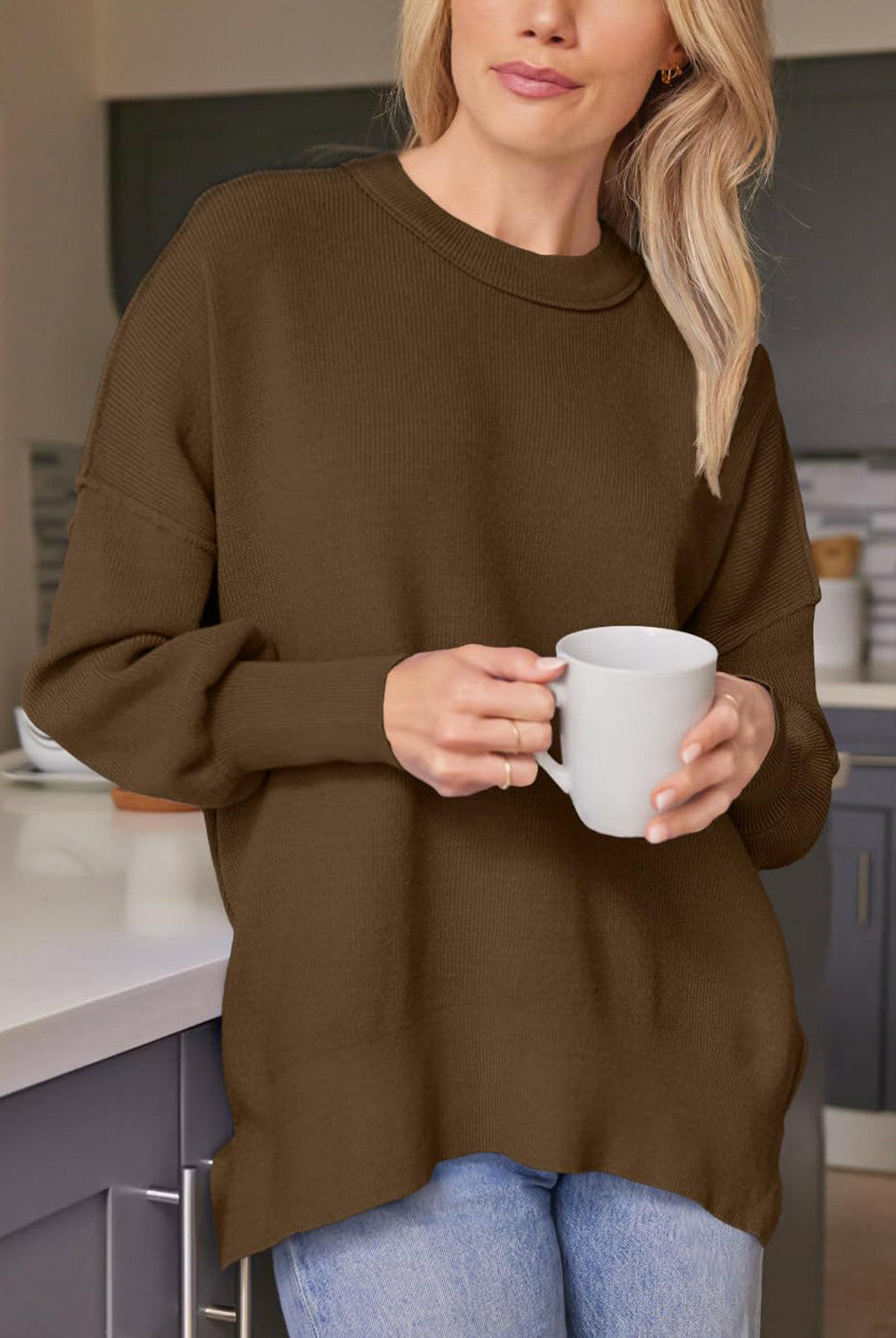 Slit Round Neck Dropped Shoulder Sweater-Krush Kandy, Women's Online Fashion Boutique Located in Phoenix, Arizona (Scottsdale Area)