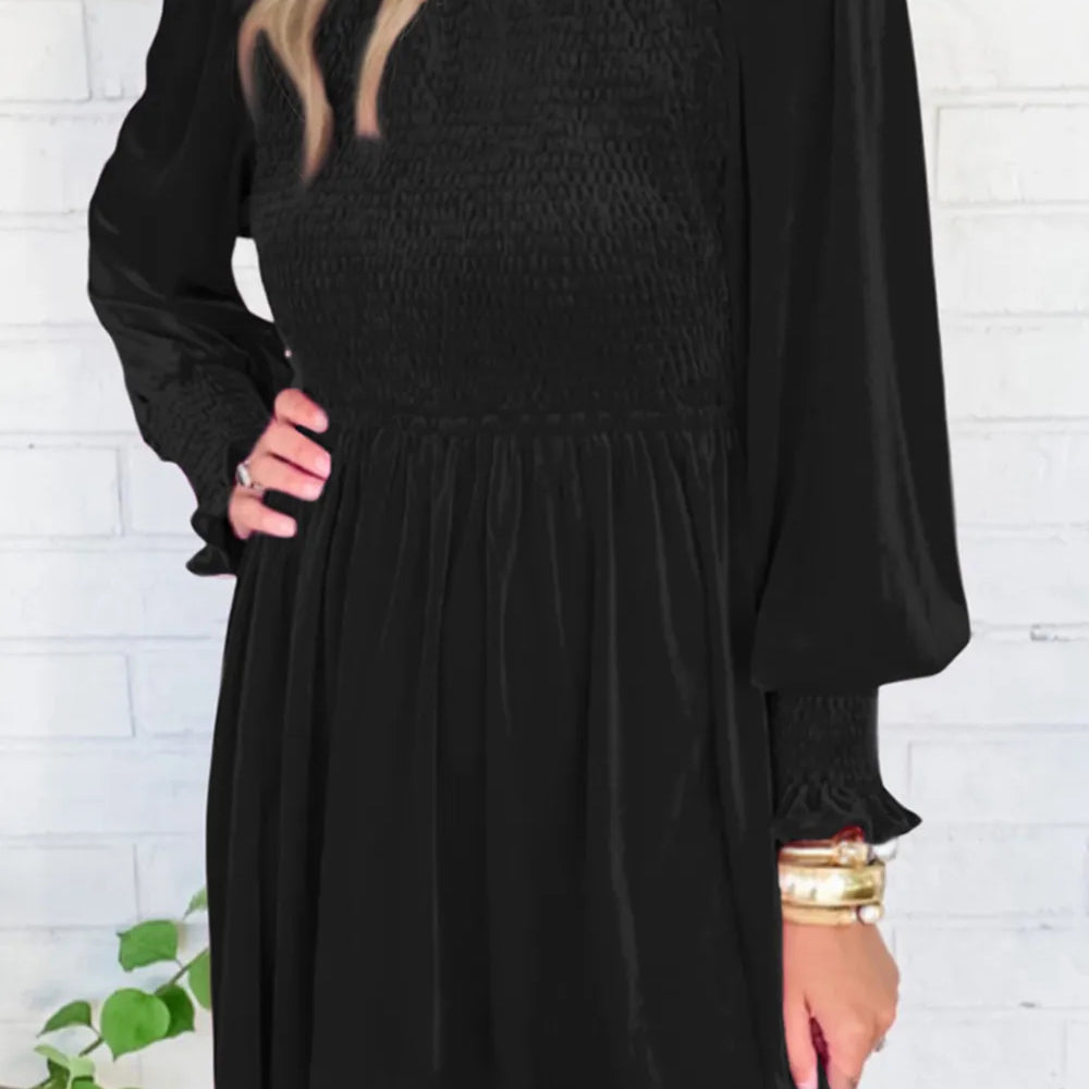 Smocked Round Neck Long Sleeve Dress-Dresses-Krush Kandy, Women's Online Fashion Boutique Located in Phoenix, Arizona (Scottsdale Area)