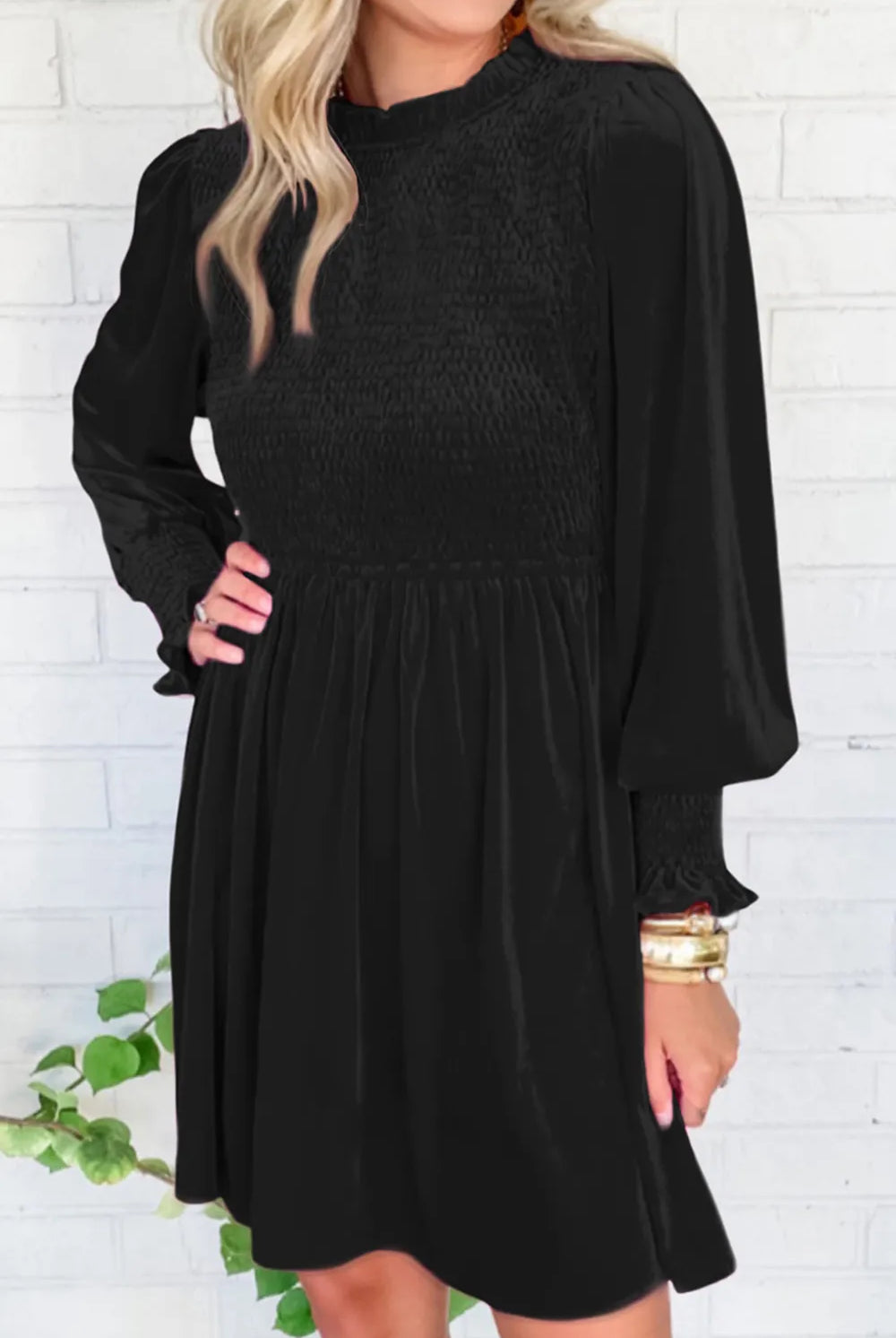 Smocked Round Neck Long Sleeve Dress-Dresses-Krush Kandy, Women's Online Fashion Boutique Located in Phoenix, Arizona (Scottsdale Area)