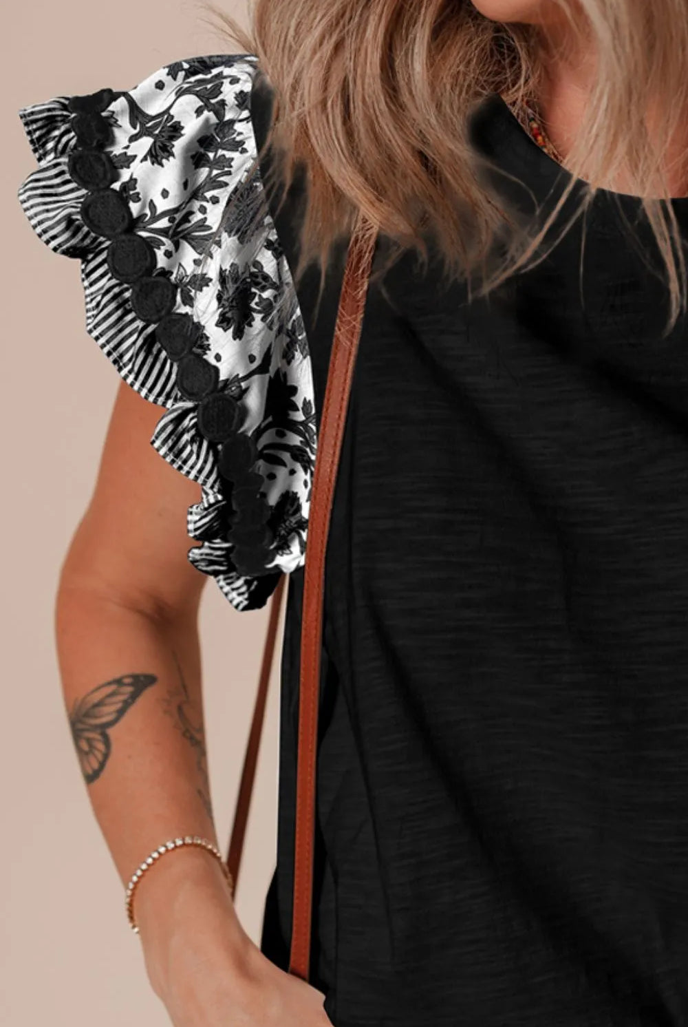 Round Neck Printed Ruffled Cap Sleeve Blouse-Tops-Krush Kandy, Women's Online Fashion Boutique Located in Phoenix, Arizona (Scottsdale Area)