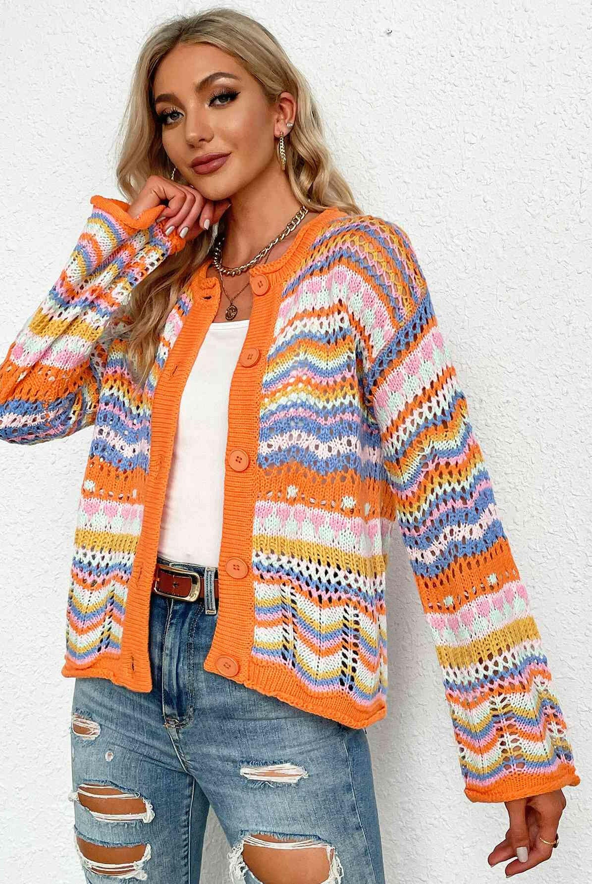 Chevron Stripes Openwork Cardigan-Krush Kandy, Women's Online Fashion Boutique Located in Phoenix, Arizona (Scottsdale Area)