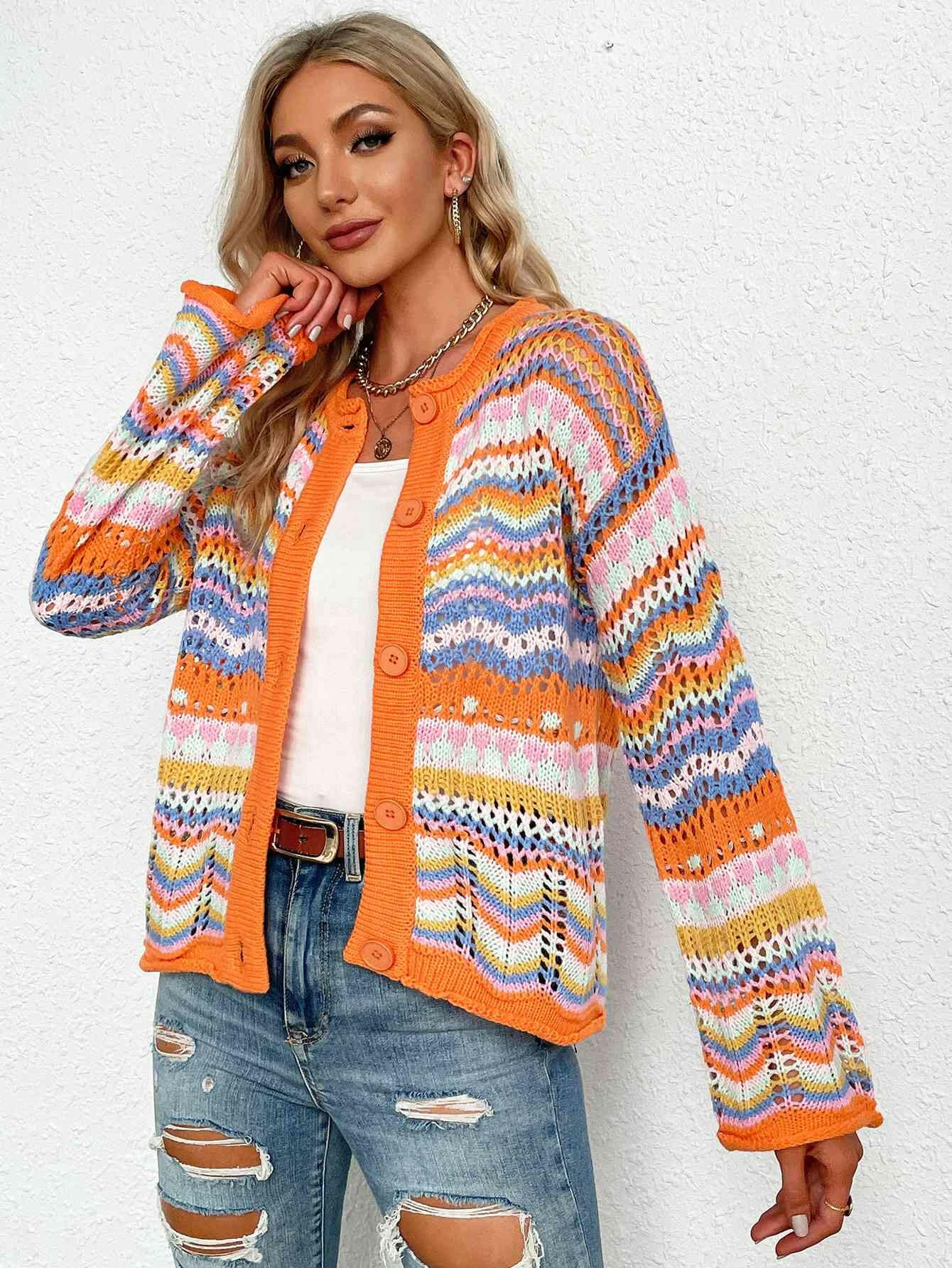 Chevron Stripes Openwork Cardigan-Krush Kandy, Women's Online Fashion Boutique Located in Phoenix, Arizona (Scottsdale Area)