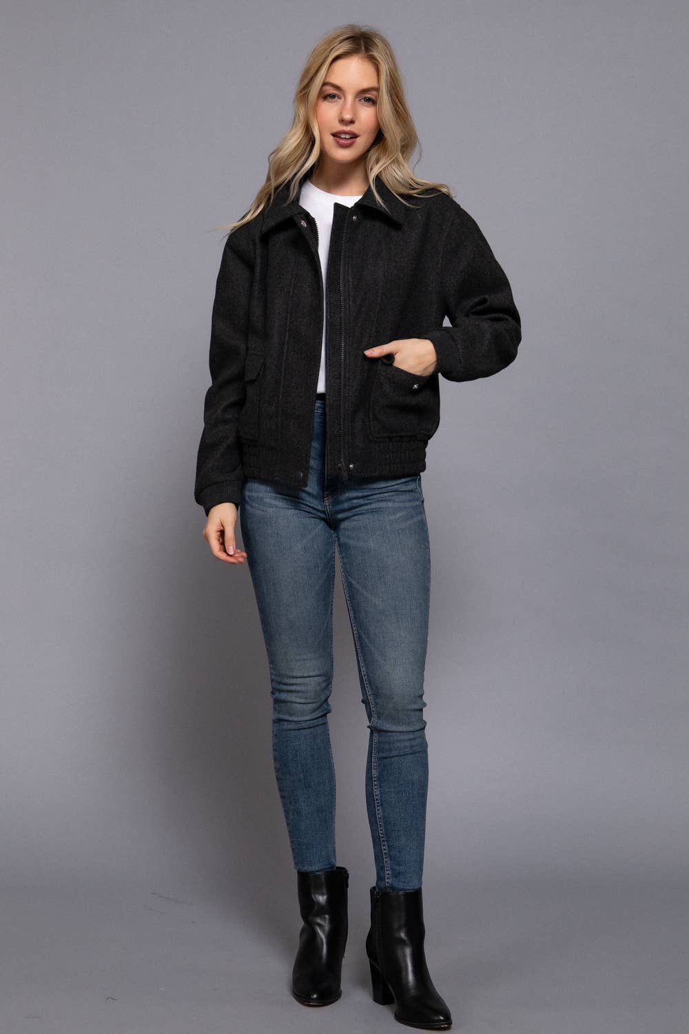 Long Sleeve Lapel Collar Soft Felt Bomber Jacket-Jackets-Krush Kandy, Women's Online Fashion Boutique Located in Phoenix, Arizona (Scottsdale Area)