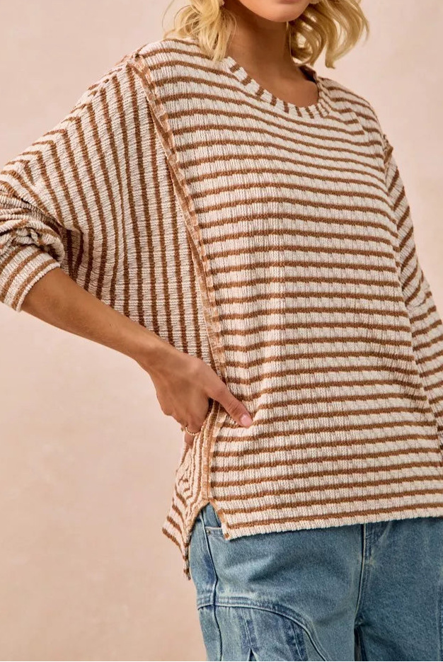 BiBi Open Seam Detail Textured Stripe Knit Top-Sweaters-Krush Kandy, Women's Online Fashion Boutique Located in Phoenix, Arizona (Scottsdale Area)