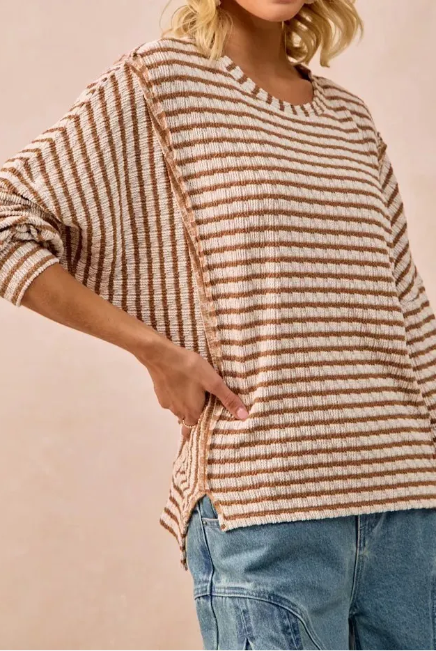 BiBi Open Seam Detail Textured Stripe Knit Top-Sweaters-Krush Kandy, Women's Online Fashion Boutique Located in Phoenix, Arizona (Scottsdale Area)