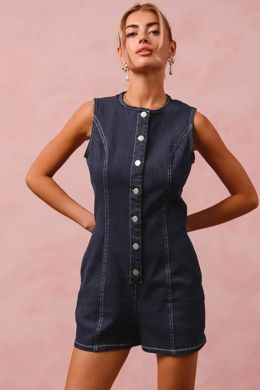 SO ME Button Up Front Washed Denim Sleeveless Romper-Jumpsuits & Rompers-Krush Kandy, Women's Online Fashion Boutique Located in Phoenix, Arizona (Scottsdale Area)