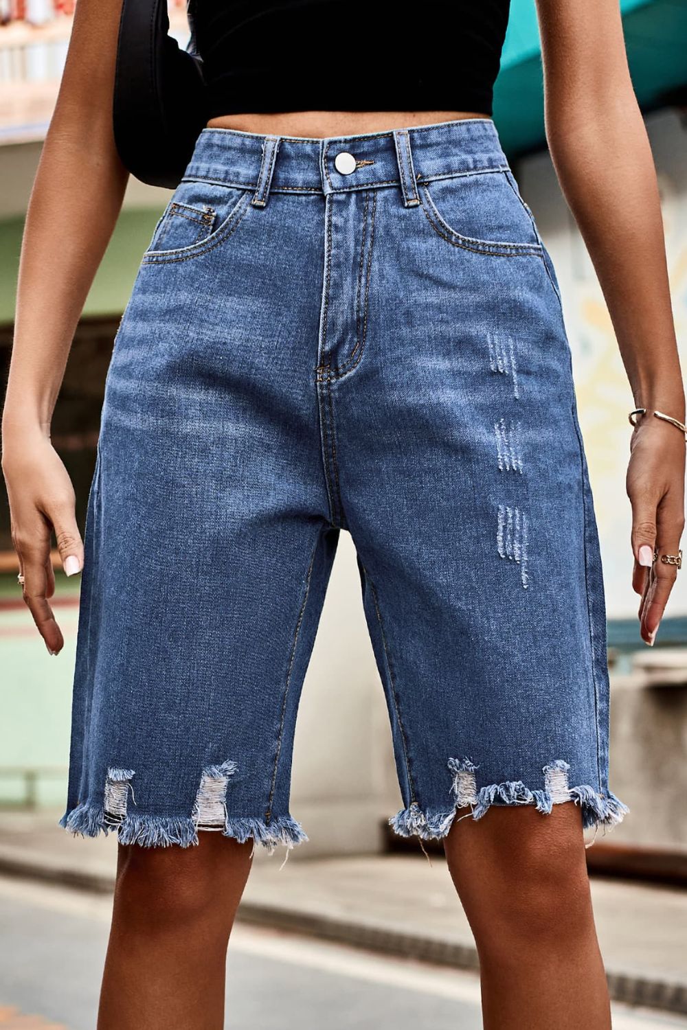 Raw Hem High Waist Denim Shorts with Pockets-Short-Krush Kandy, Women's Online Fashion Boutique Located in Phoenix, Arizona (Scottsdale Area)