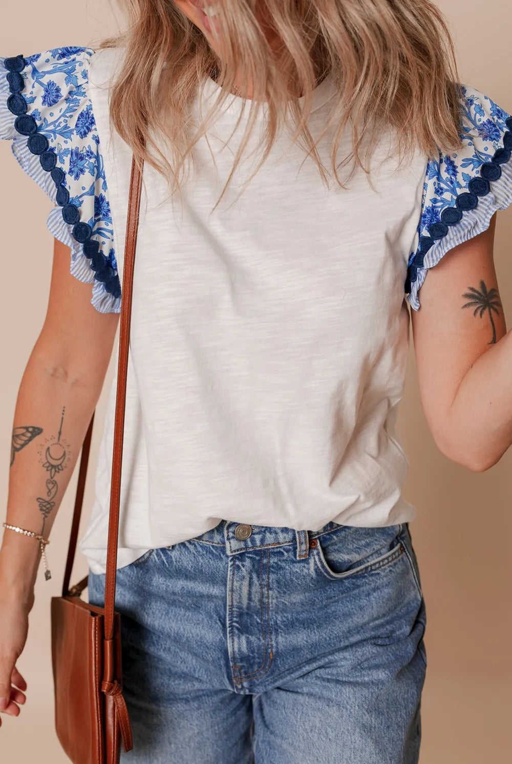 Round Neck Printed Ruffled Cap Sleeve Blouse-Tops-Krush Kandy, Women's Online Fashion Boutique Located in Phoenix, Arizona (Scottsdale Area)