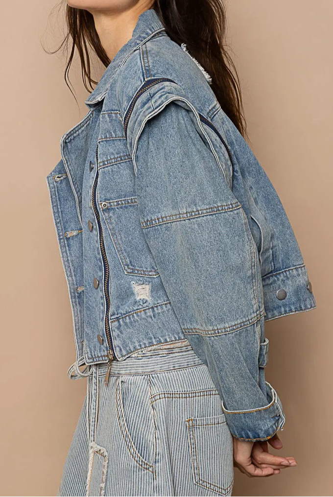 POL Cropped Denim Jacket with Functional Zipper Detail-Jacket-Krush Kandy, Women's Online Fashion Boutique Located in Phoenix, Arizona (Scottsdale Area)