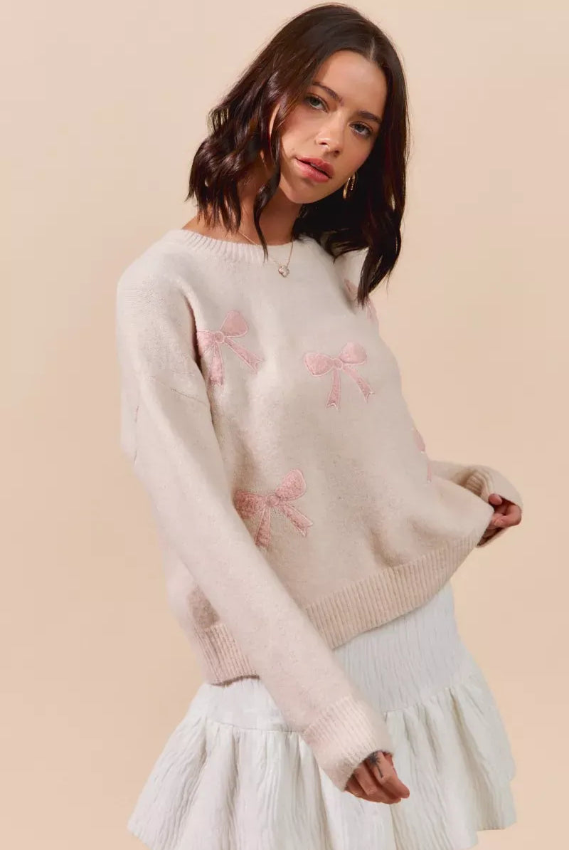 SO ME Embroidered Ribbon Round Neck Sweater-Sweaters-Krush Kandy, Women's Online Fashion Boutique Located in Phoenix, Arizona (Scottsdale Area)