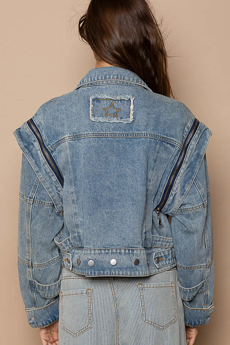 POL Cropped Denim Jacket with Functional Zipper Detail-Jacket-Krush Kandy, Women's Online Fashion Boutique Located in Phoenix, Arizona (Scottsdale Area)