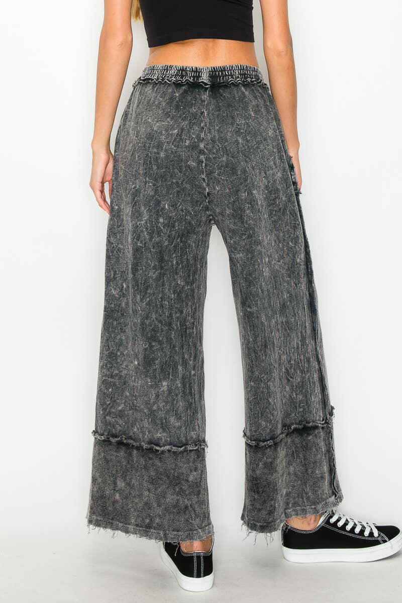 J.HER Mineral Wash Wide Pants with Raw Hem Frayed Details-Pants-Krush Kandy, Women's Online Fashion Boutique Located in Phoenix, Arizona (Scottsdale Area)