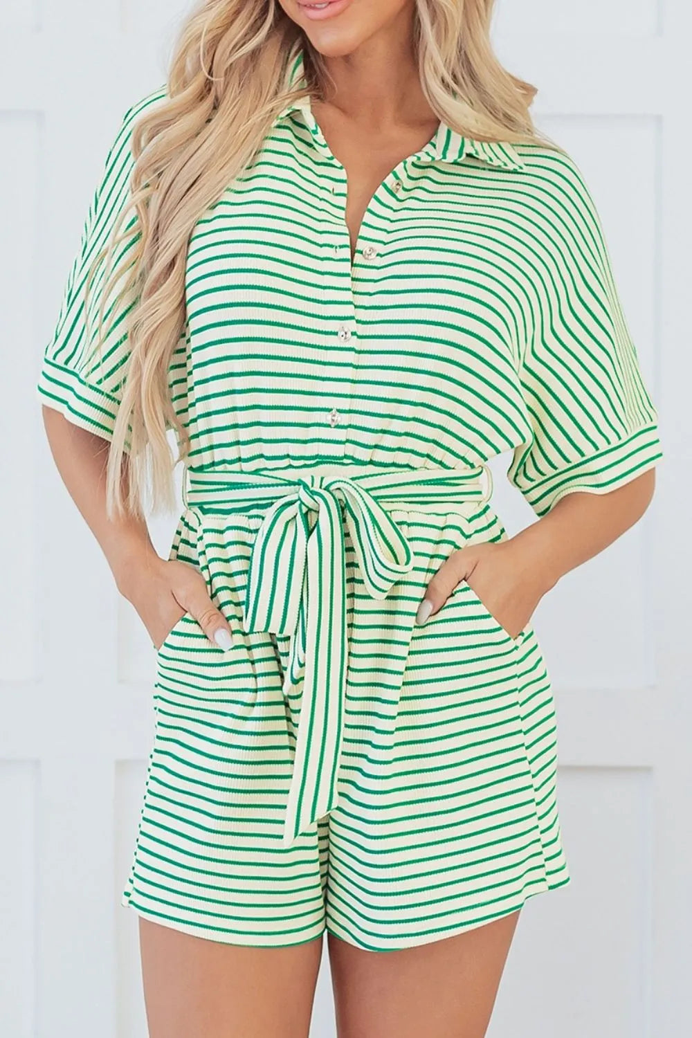 Striped Half Sleeve Tie Waist Romper-Jumpsuits & Rompers-Krush Kandy, Women's Online Fashion Boutique Located in Phoenix, Arizona (Scottsdale Area)