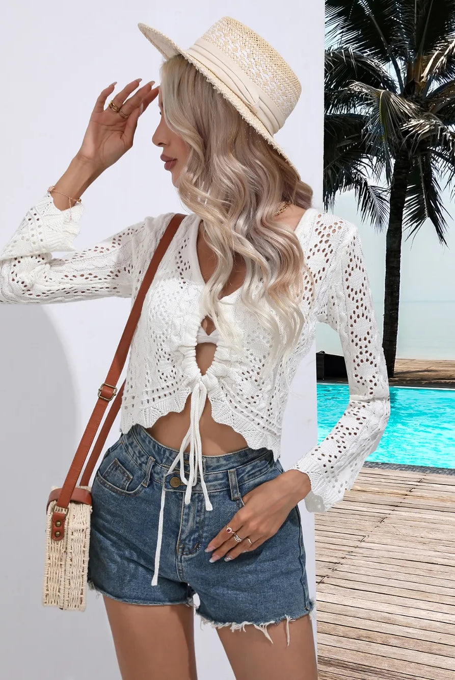 Openwork Drawstring V-Neck Long Sleeve Cover-Up-Tops-Krush Kandy, Women's Online Fashion Boutique Located in Phoenix, Arizona (Scottsdale Area)