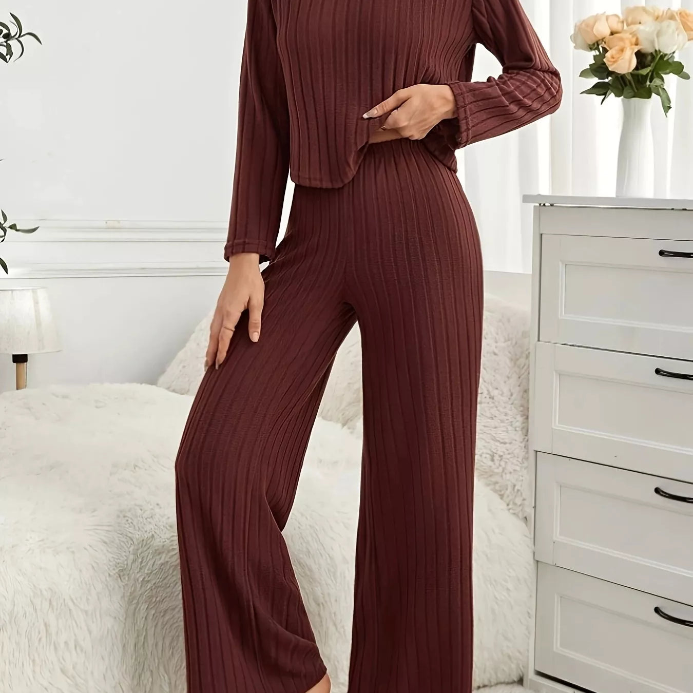 Ribbed Round Neck Long Sleeve Top and Pants Lounge Set-Loungewear-Krush Kandy, Women's Online Fashion Boutique Located in Phoenix, Arizona (Scottsdale Area)