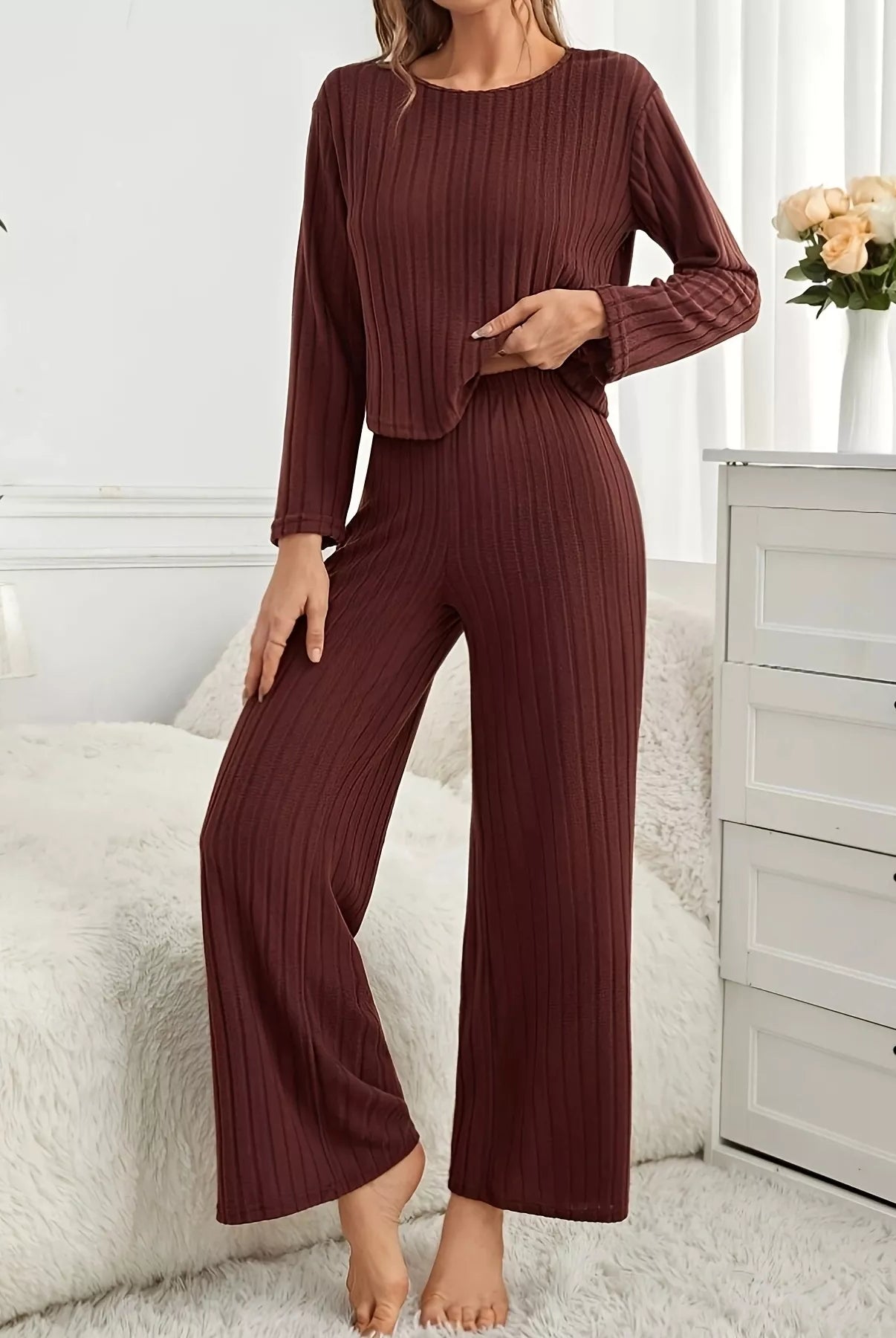 Ribbed Round Neck Long Sleeve Top and Pants Lounge Set-Loungewear-Krush Kandy, Women's Online Fashion Boutique Located in Phoenix, Arizona (Scottsdale Area)