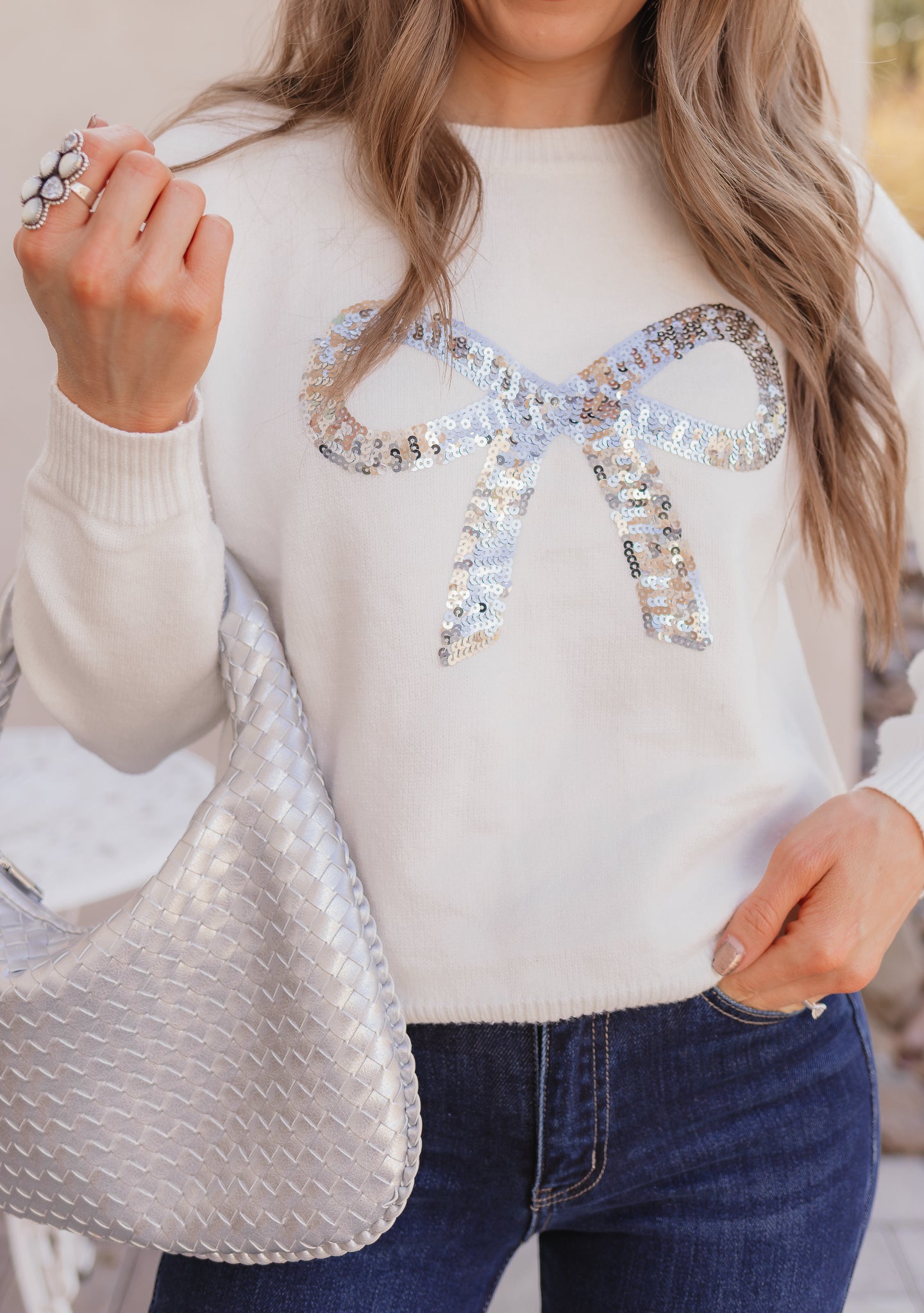 LUXE Sequin Bow Ribbed Sweater \ KKB EXCLUSIVE XS-3X-Sweater-Krush Kandy, Women's Online Fashion Boutique Located in Phoenix, Arizona (Scottsdale Area)