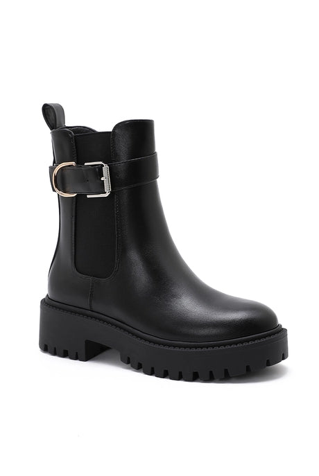 The Biker Black Buckle Lug-Sole Ankle Boot-Shoes-Krush Kandy, Women's Online Fashion Boutique Located in Phoenix, Arizona (Scottsdale Area)