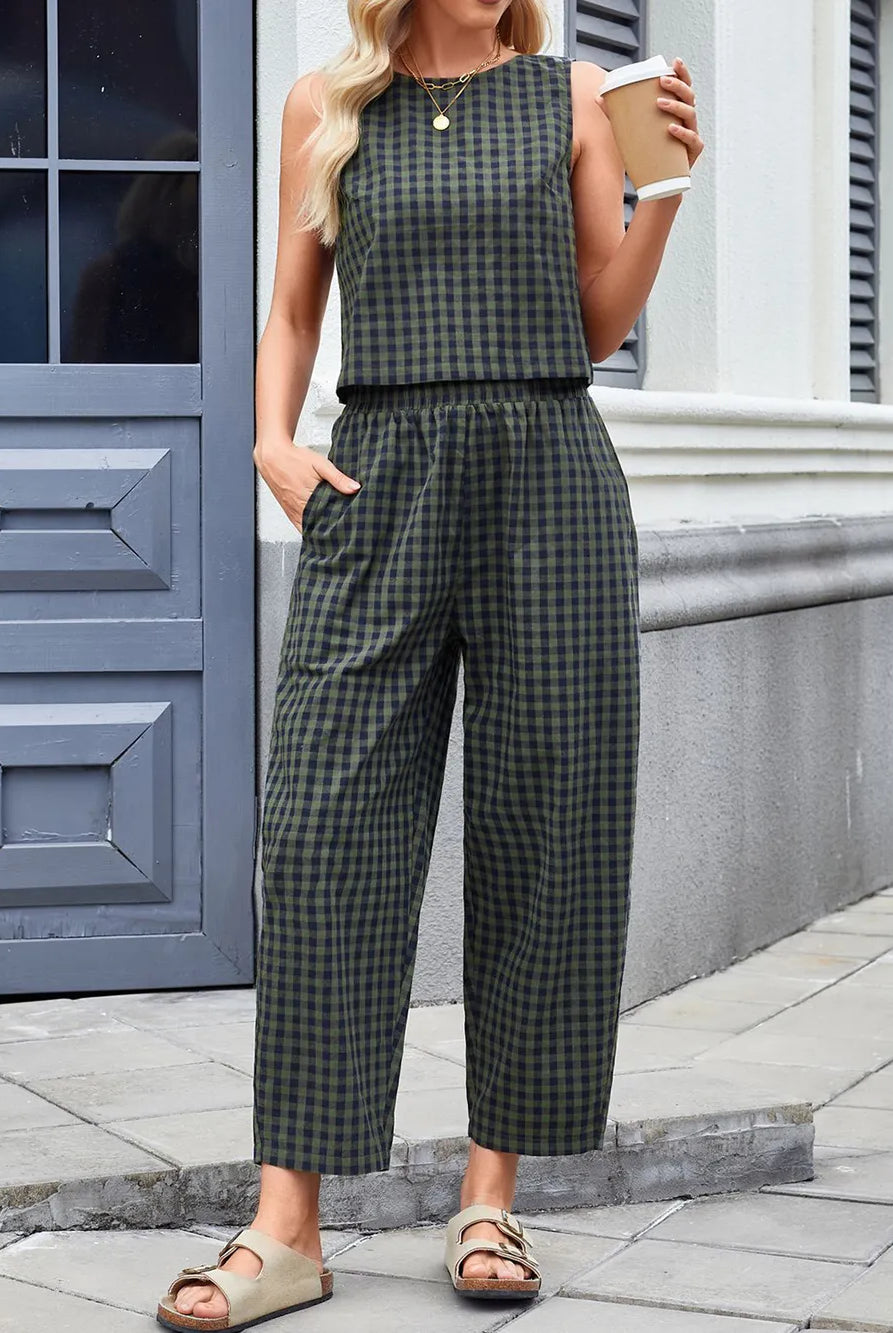 Lovelet Plaid Round Neck Sleeveless Top and Pants Set-2 Piece Outfit Sets-Krush Kandy, Women's Online Fashion Boutique Located in Phoenix, Arizona (Scottsdale Area)