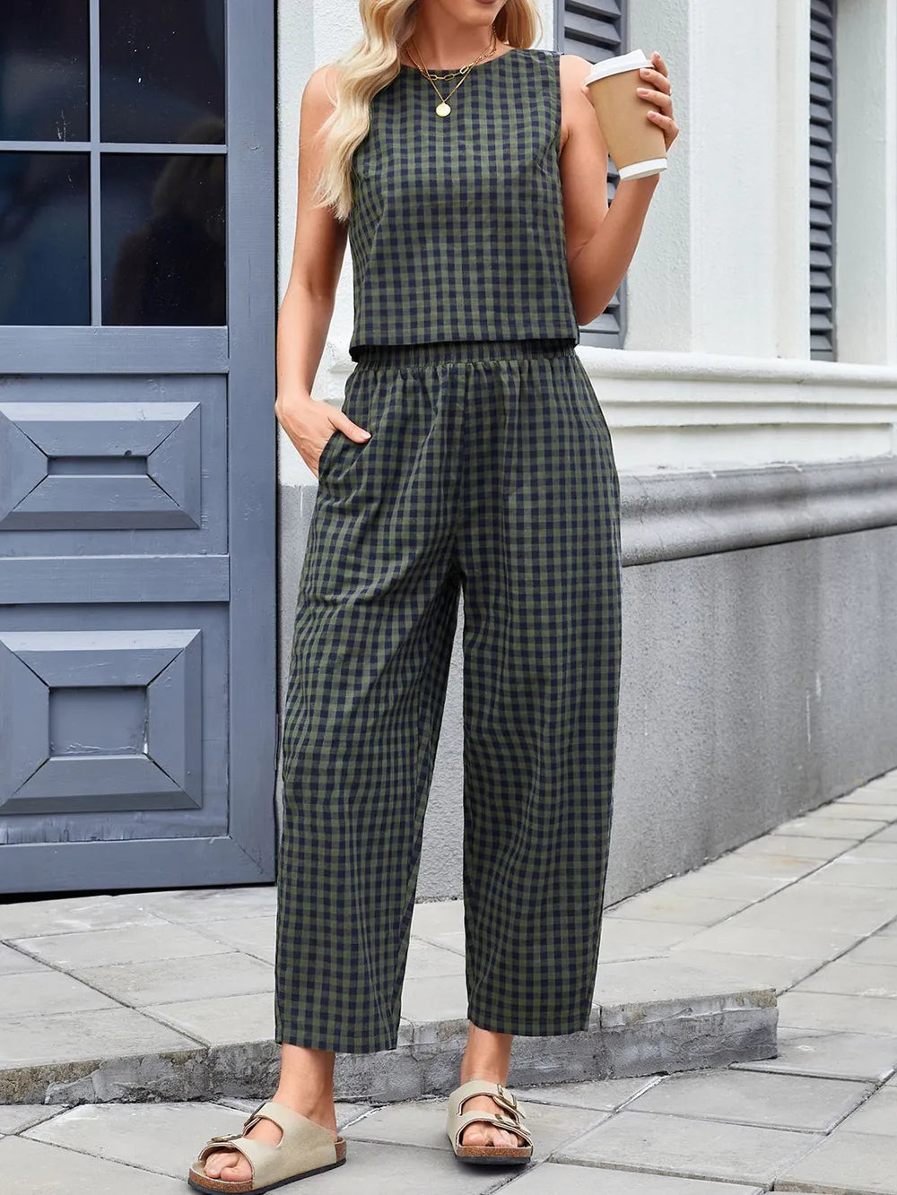 Lovelet Plaid Round Neck Sleeveless Top and Pants Set-2 Piece Outfit Sets-Krush Kandy, Women's Online Fashion Boutique Located in Phoenix, Arizona (Scottsdale Area)