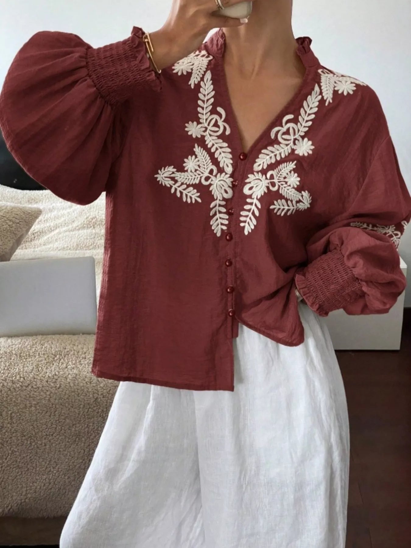 Embroidered Long Sleeve Blouse-Blouses-Krush Kandy, Women's Online Fashion Boutique Located in Phoenix, Arizona (Scottsdale Area)